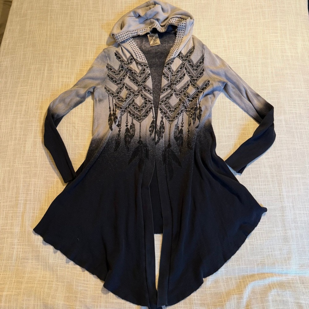 Vocal USA Womens Grey Black Ombre Geometric Rhinestone Hooded Cardigan Large